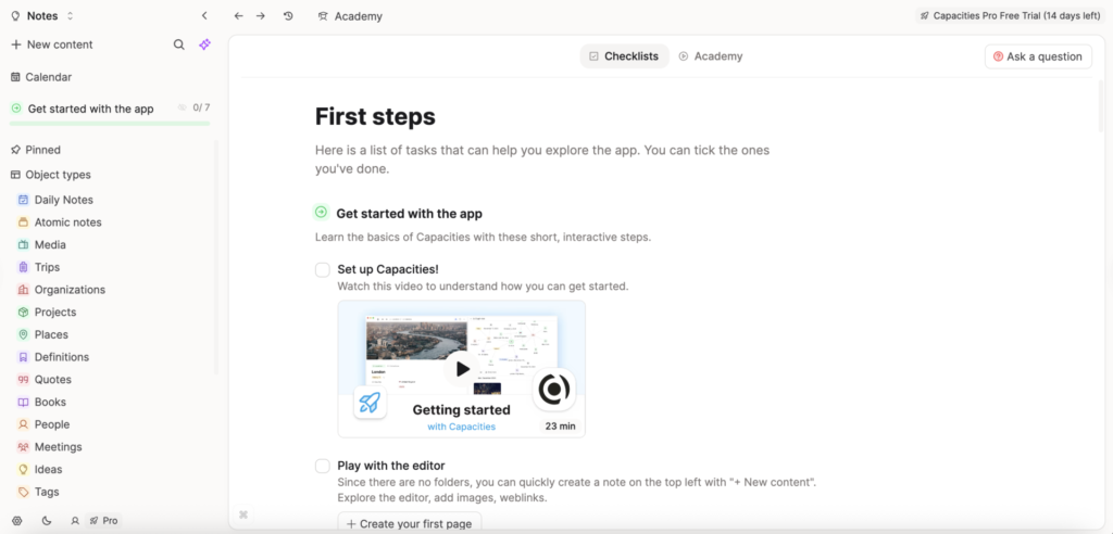 Capacitiesのダッシュボード画面